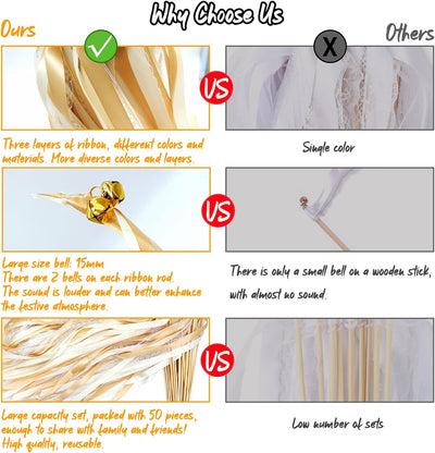 Wedding Wands,50 Stück Stäbe mit 100 Gross Glöckchen und 150 Hochzeitsbändern,Seidenfeenstab,Gastges