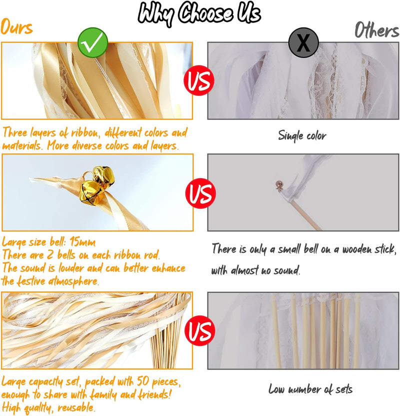 Wedding Wands,50 Stück Stäbe mit 100 Gross Glöckchen und 150 Hochzeitsbändern,Seidenfeenstab,Gastges