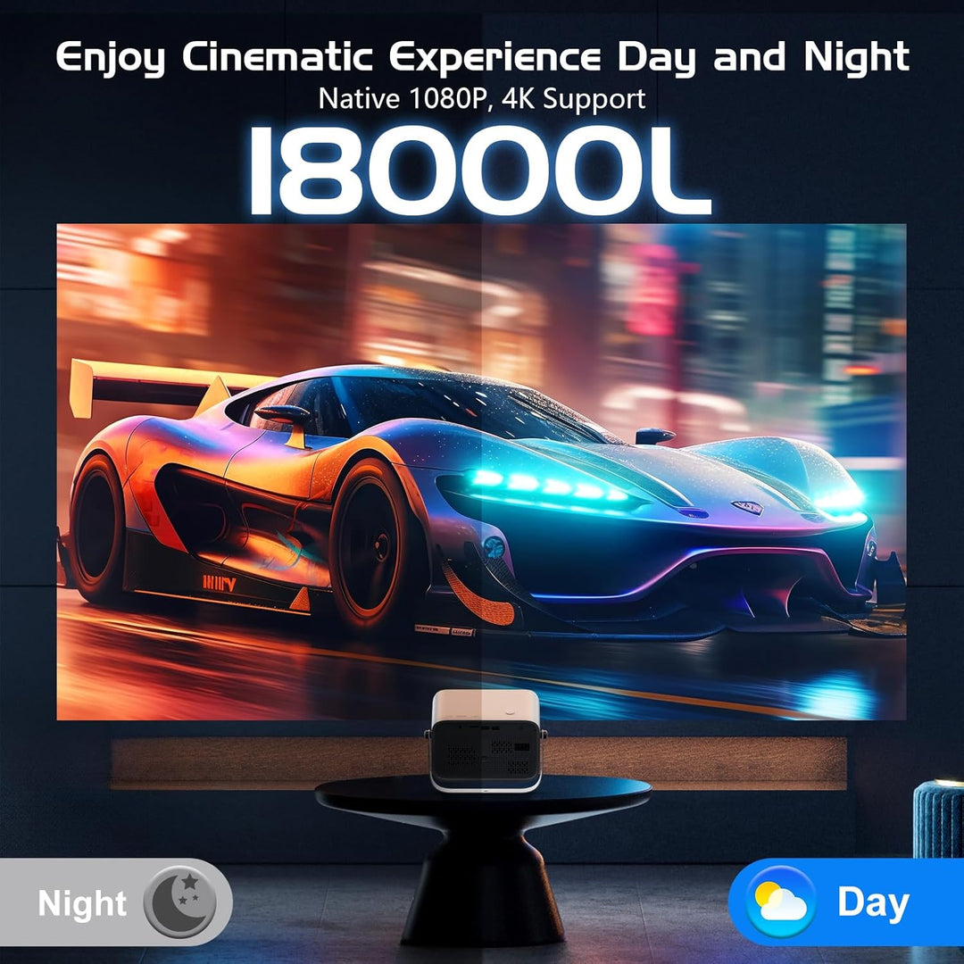【Auto Fokus/Trapezkorrektur】 Smart Beamer 360 ° Rotation & Zoom 50%, Native 1080P, 4K Unterstützt, A