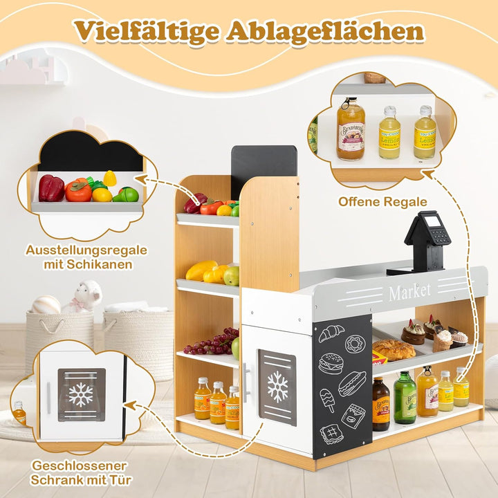 COSTWAY Kaufmannsladen, Kaufladen Kinder mit Einkaufswagen, Supermarkt Holz mit Kasse & 2 Tafeln, Ei