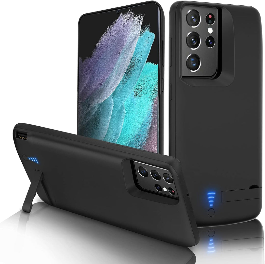 Gladgogo Akku Hülle für Samsung Galaxy S21 Ultra, [5000 mAh] Battery Case Akkuhülle Mit klappbarem S