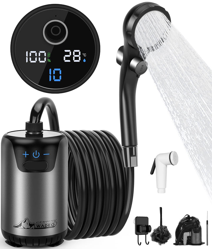WADEO Tragbare Campingdusche Akku, Upgraded Outdoor-Dusche mit Pumpe und Temperaturanzeige, 10-Gang-