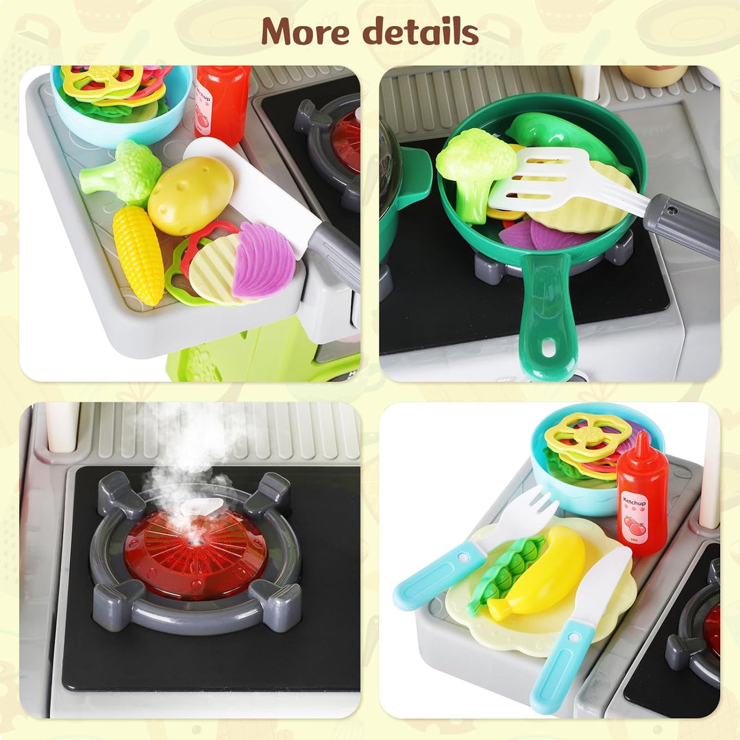 deAO Kinderküche Spielküche mit Licht Ton Wasser Dampf und Küchenzubehör, Kinder-Küchenspielset mit