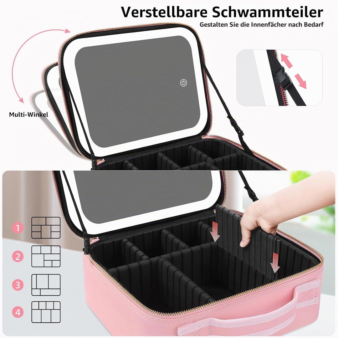 Reise-Schminktasche mit LED-Spiegel, Reise-Schminktasche mit beleuchtetem Spiegel, 3-Farben-Einstell