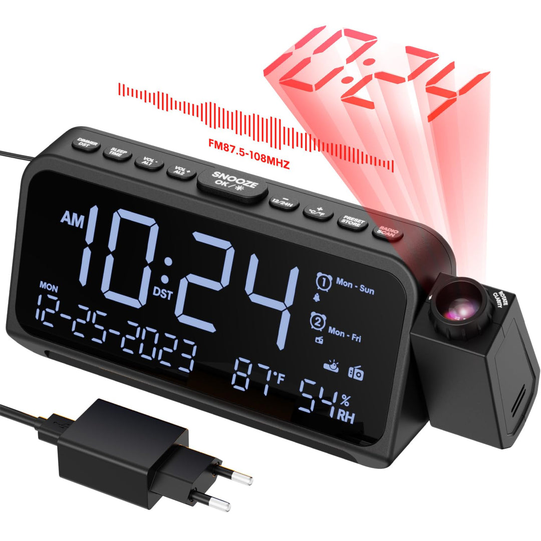 Radiowecker mit Projektion, Projektionswecker für Schlafzimmer, Typ C & USB-Anschluss, Wochentag/Woc