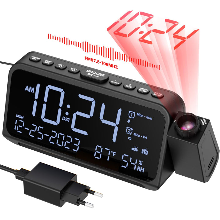 Radiowecker mit Projektion, Projektionswecker für Schlafzimmer, Typ C & USB-Anschluss, Wochentag/Woc