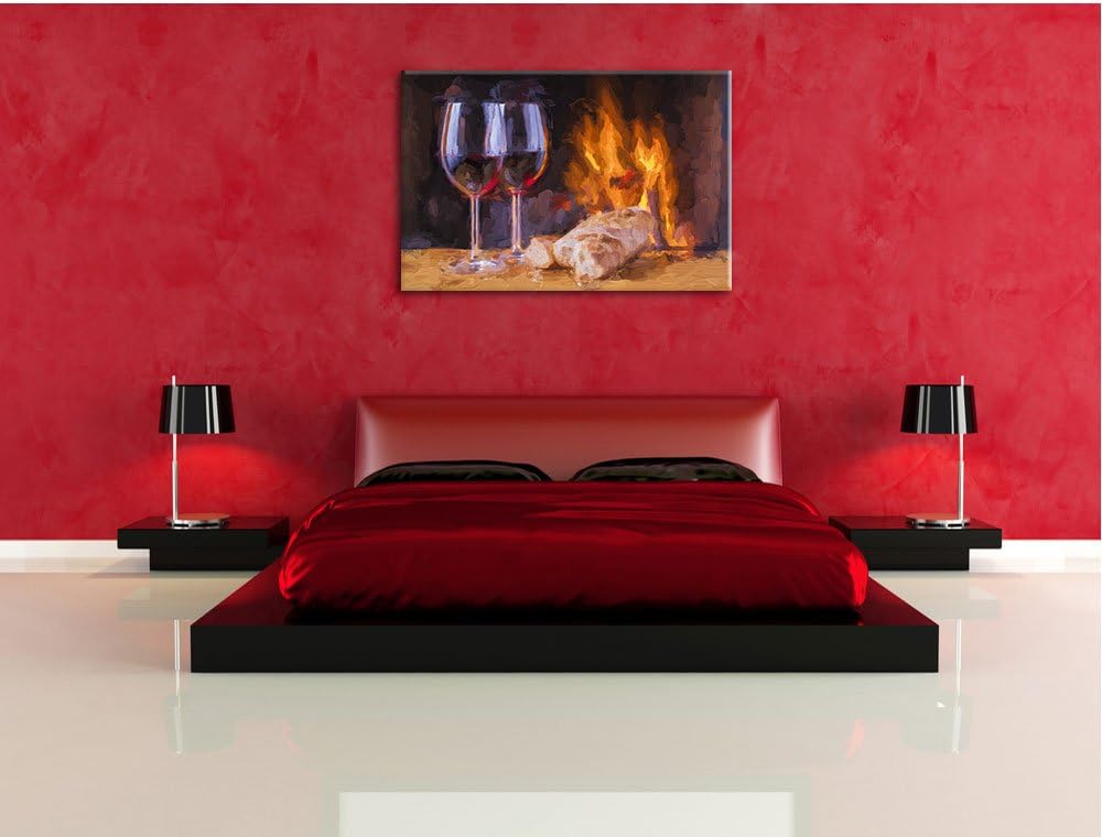 Pixxprint Wein und Baguette am Kamin Pinsel Effekt, Format: 100x70 auf Leinwand, 100x70