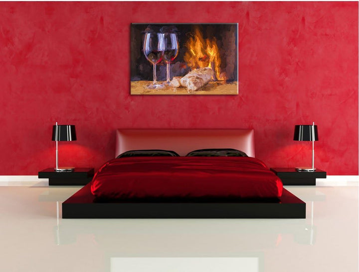Pixxprint Wein und Baguette am Kamin Pinsel Effekt, Format: 100x70 auf Leinwand, 100x70
