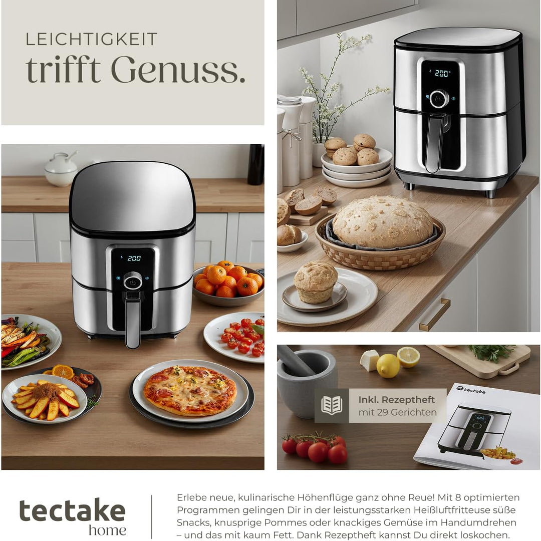 tectake® Heissluftfritteuse XXL -90% weniger Öl, 10,2l Fassungsvermögen, Touchscreen-Display, Airfry
