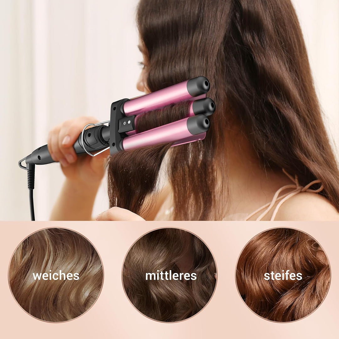 Beach Waves Lockenstab 3 Barrel - Edelstahl Heizung Wellig Lockenstab für langes & kurzes Haar, Rosa