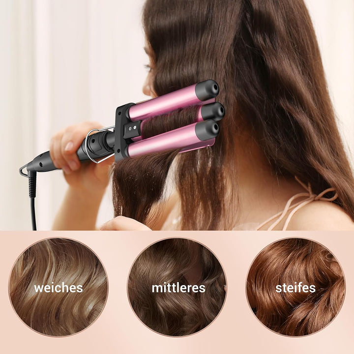 Beach Waves Lockenstab 3 Barrel - Edelstahl Heizung Wellig Lockenstab für langes & kurzes Haar, Rosa