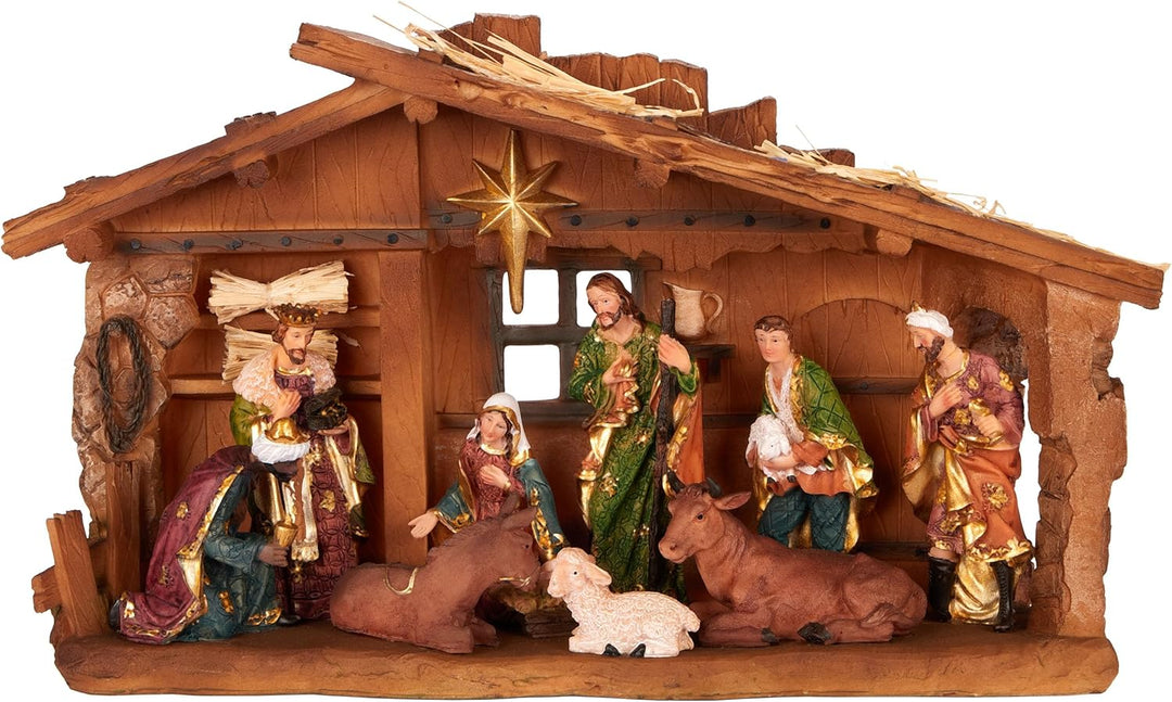 BRUBAKER Weihnachtskrippe - 40 cm Tischkrippe Weihnachtsfigur mit handbemalten Figuren Jesus, Maria,