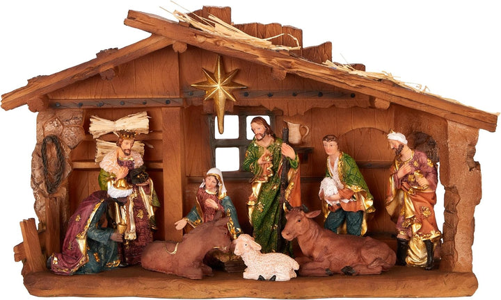 BRUBAKER Weihnachtskrippe - 40 cm Tischkrippe Weihnachtsfigur mit handbemalten Figuren Jesus, Maria,
