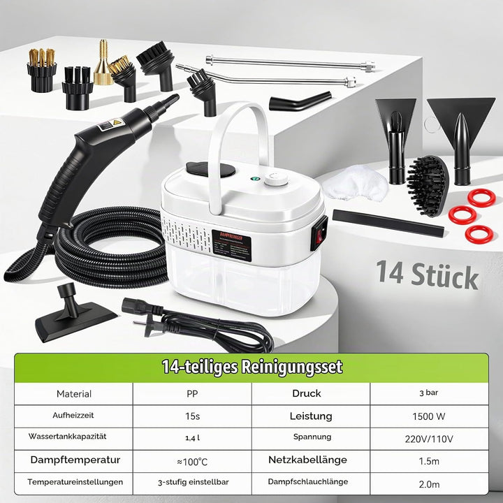 Dampfreiniger Handgerät für Alles, 3-stufig einstellbarer Dampfreiniger, mit 14 Zubehör, 15 Sekunden