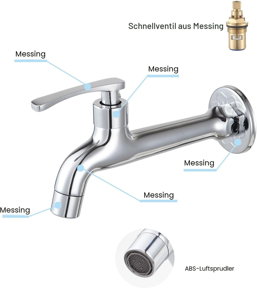 Chrom Wasserhahn aus Messing Waschmittel Badezimmer Wandmontage Waschtischarmatur Aussen Garten Schl