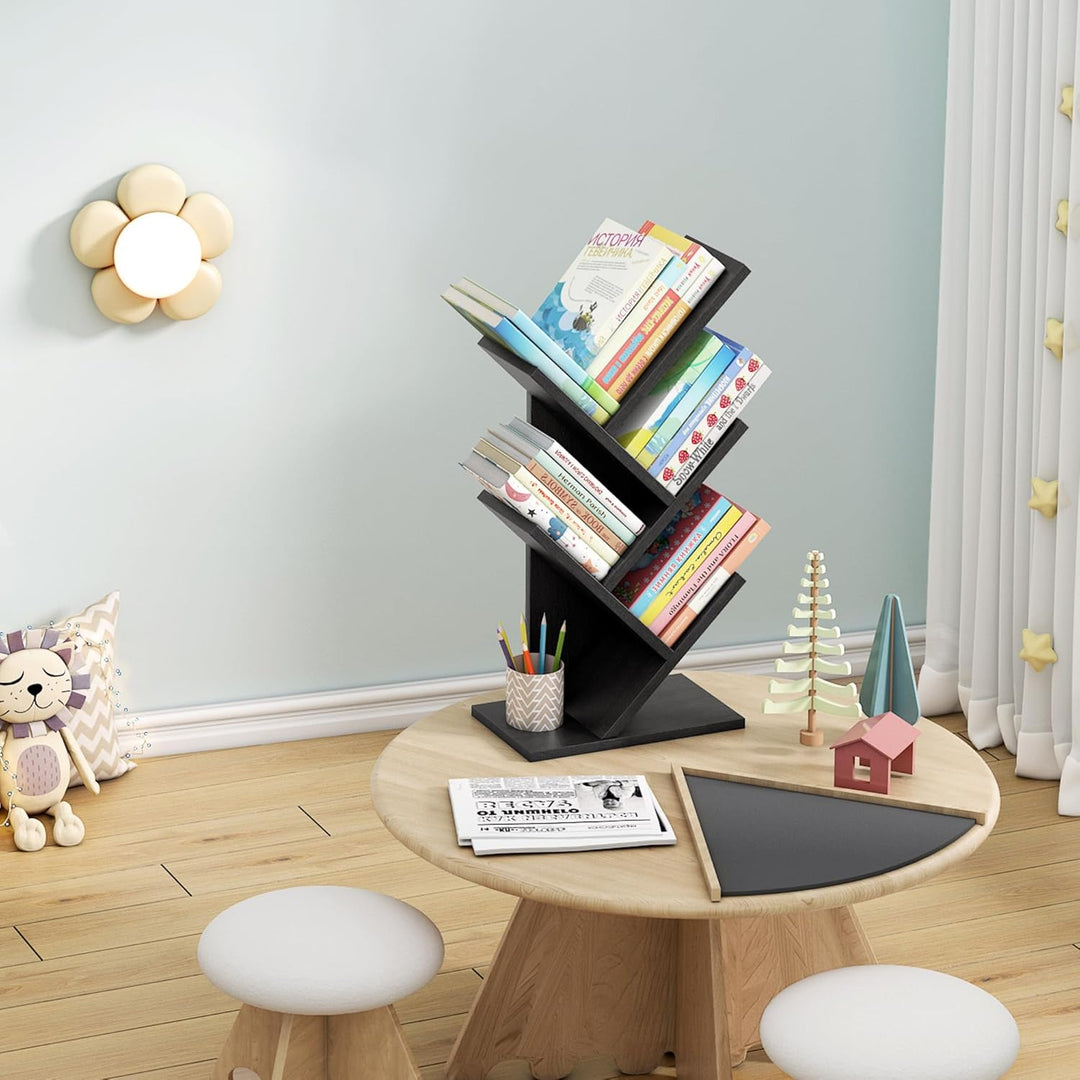 Hoctieon Bücherregal Baumform, Standregal mit 4 Ebenen, Bookshelf Bookcase Holz Eckregal Stehend für