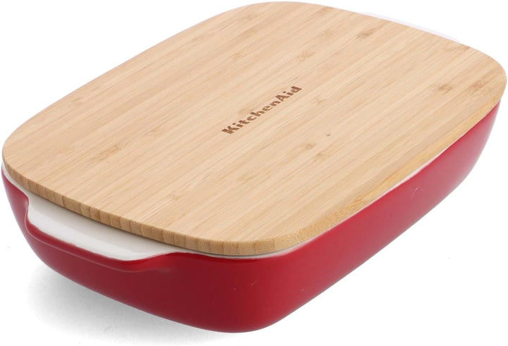 KitchenAid Stoneware Backform Rechteckig Keramik Antihaftbeschichtung mit Bambusdeckel, 26 cm/1,9L,