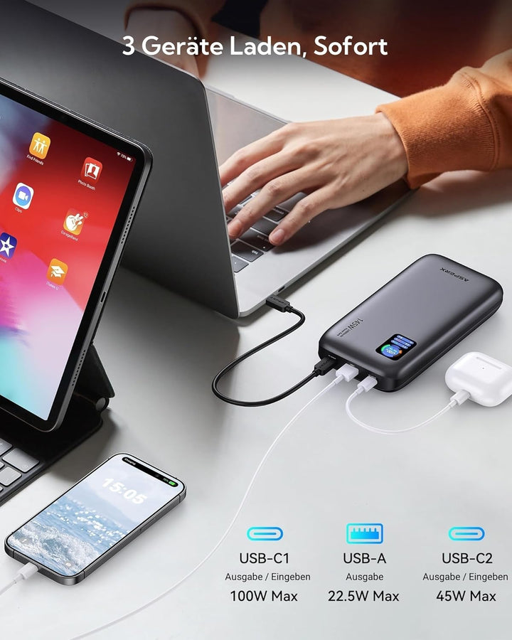 AsperX Power Bank,145W 24000mAh Laptop Powerbank (USB C Input & Output) Schnellladefunktion Externe