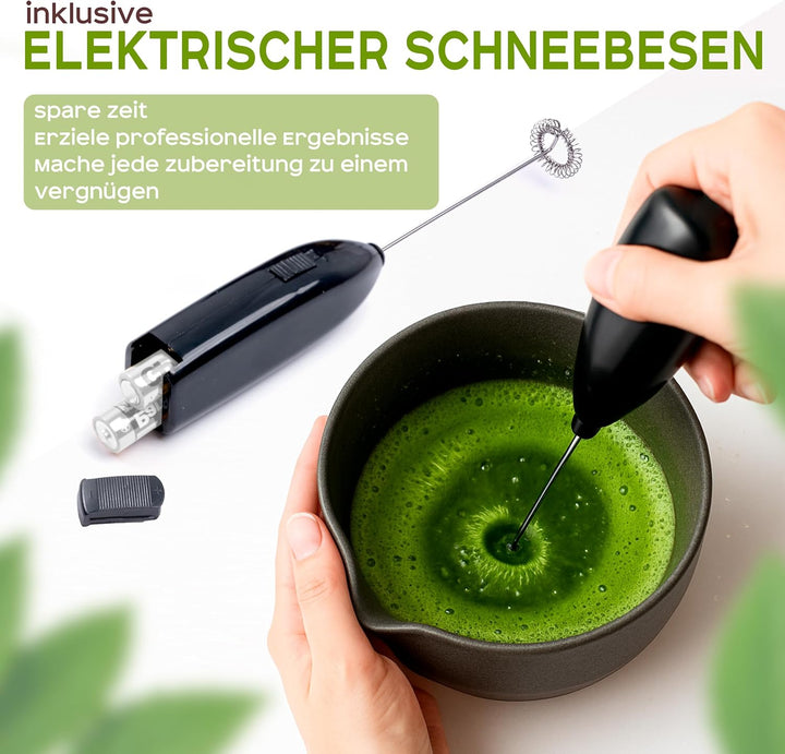 Matcha Tee Set – Japanisches Ceremonial Set mit Matcha Pulver, Elektrischer Matcha Besen, Bambus Cha