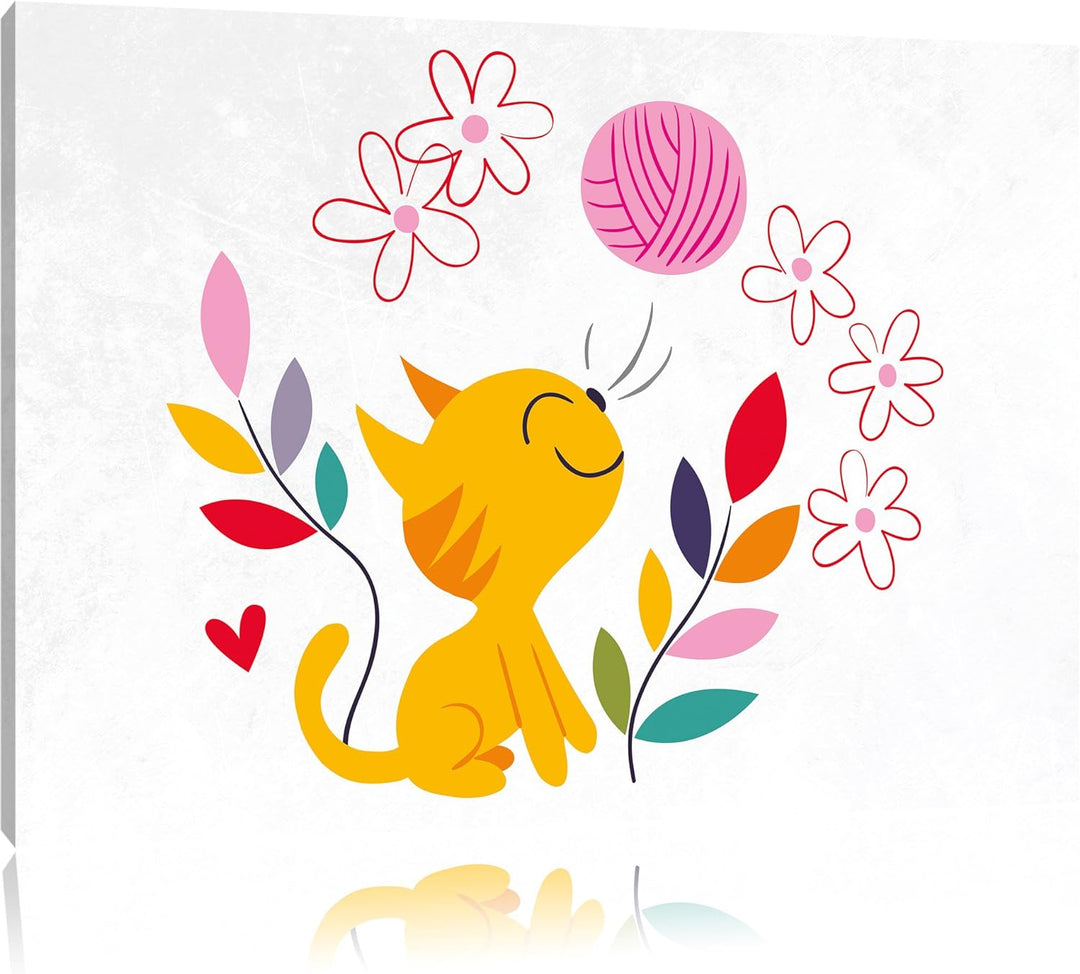 Pixxprint Niedliche Katze mit Wollknäuel als Leinwandbild/Grösse: 100x70 cm/Wandbild/Kunstdruck/fert