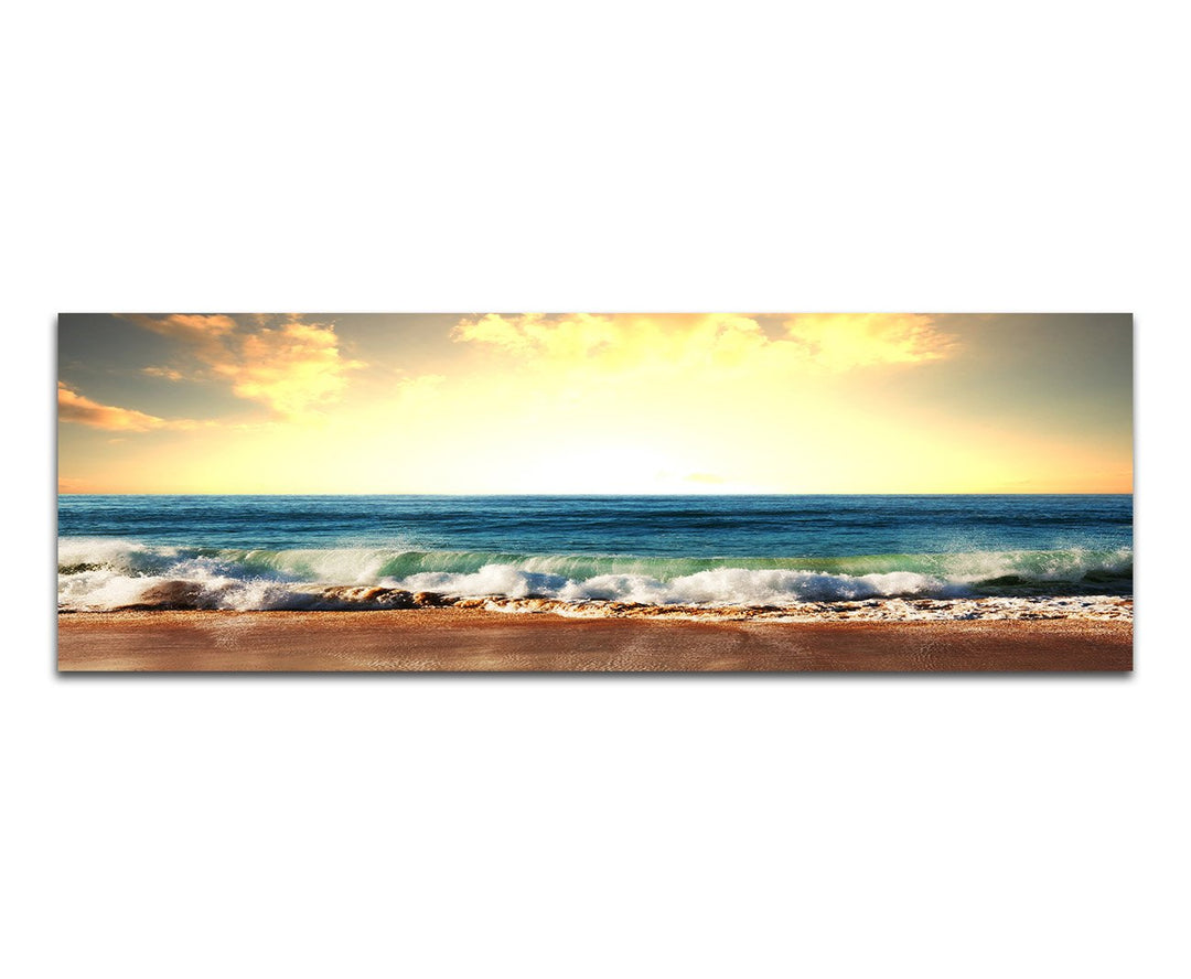 Paul Sinus Art Panoramabild auf Leinwand und Keilrahmen 120x40cm Strand Meer Wellen Sonnenuntergang