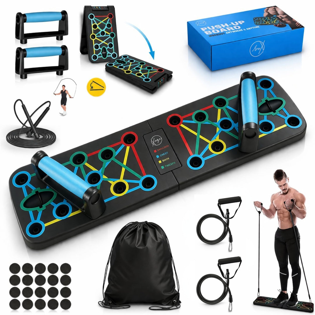 XUZA Push Up Board mit Springseil & Widerstandsband mit Griffen - Ultimatives Heim-Fitness-Set - Lie