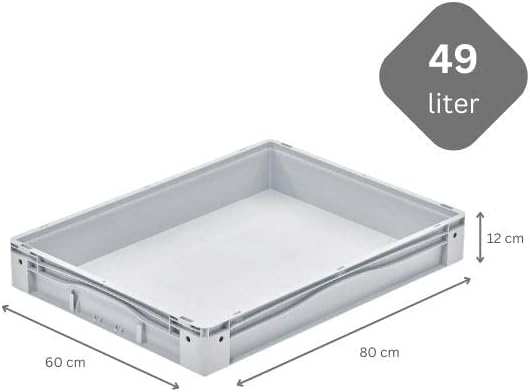 SparSet 4x Euro-Norm Grossbehälter | HxBxT 12x60x80cm | 49 Liter | Glatter Boden | Grau | Eurobehält