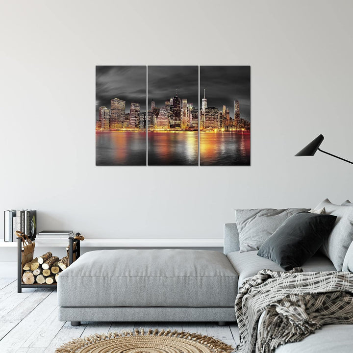 Runa Art Wandbilder New York City Bild XXL Wohnzimmer Büro Schwarz Gold Skyline 120 x 80 cm 3 Teilig