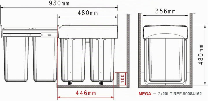 Einbau-Abfallsammler Mega 40 2 x 20 Liter Kunststoff Grau Ausziehbar 2 x 20 Liter, Ausziehbar 2 x 20