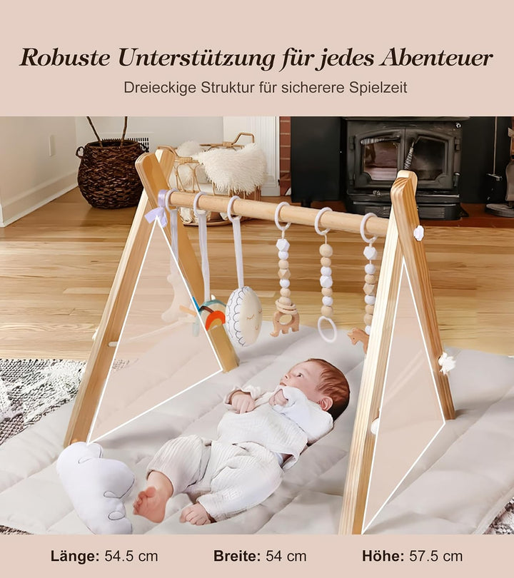 Mallify Baby Spielbogen mit Matte, Holzspielzeug mit 9 Sensorischen Spielzeugen, Faltbares Baby-Spie