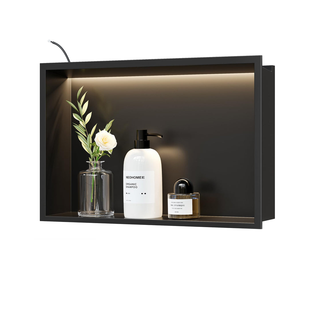 Wandnische Dusche 304 Edelstahl mit LED-Beleuchtung, Einbau-Duschnische Schwarz Einzelregal Lagerung