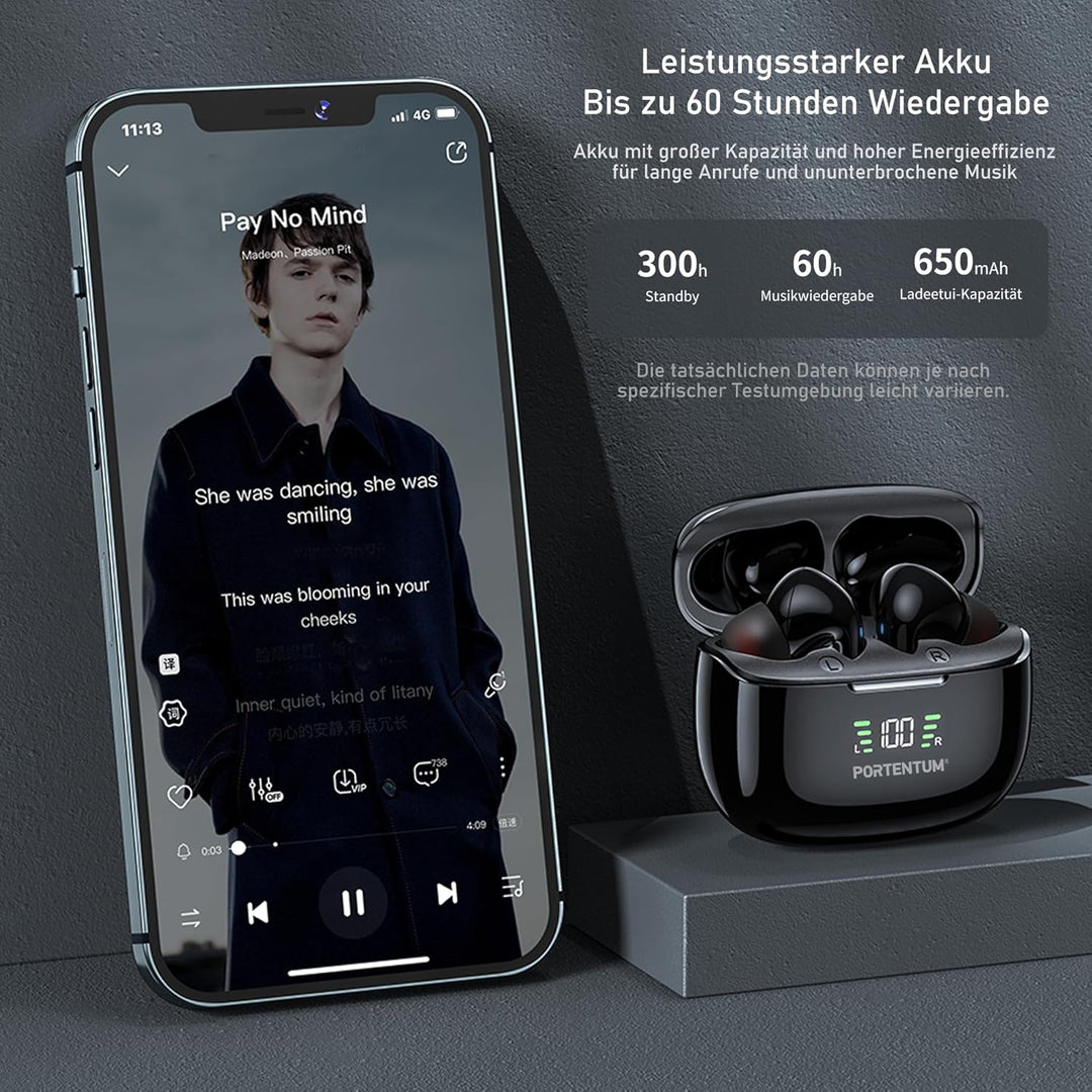 PORTENTUM Kopfhörer kabellos bluetooth 6.0 – HYBRID ANC + ENC Geräuschunterdrückung – Akkulaufzeit 6