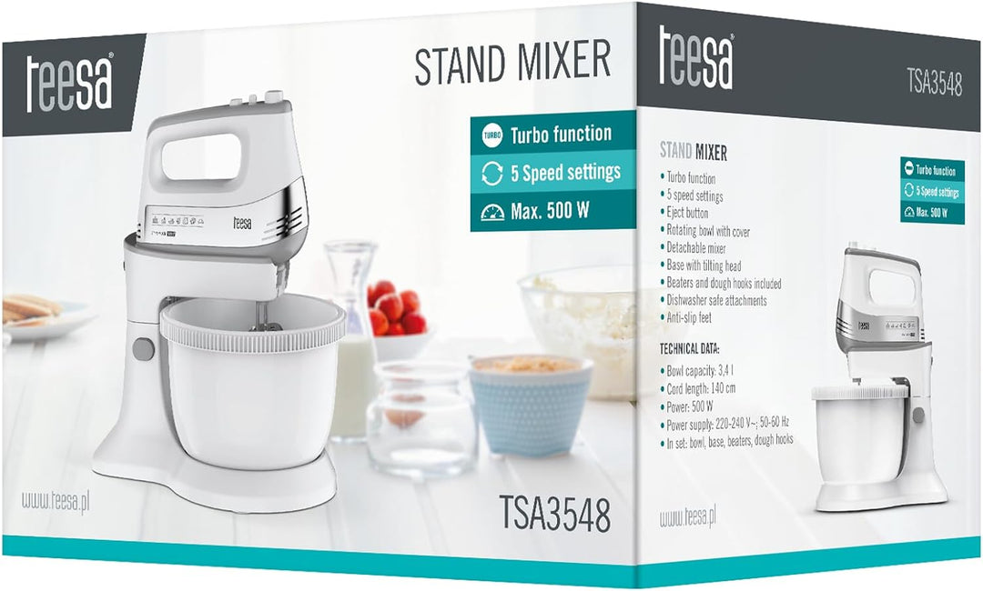 Teesa Handmixer mit Drehschale Leistung 500W TSA3548 5 Stufen Drehzahlregelung Turbo-Funktion, Weiss