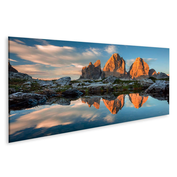 islandburner Bild Bilder auf Leinwand Drei Zinnen oder Tre Cime di Lavaredo mit Reflexion im See bei