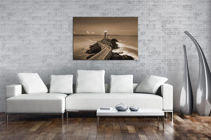 deyoli steiniger Weg zum Leuchtturm Effekt: Sepia, Format: 80x60 als Leinwandbild, Motiv fertig gera