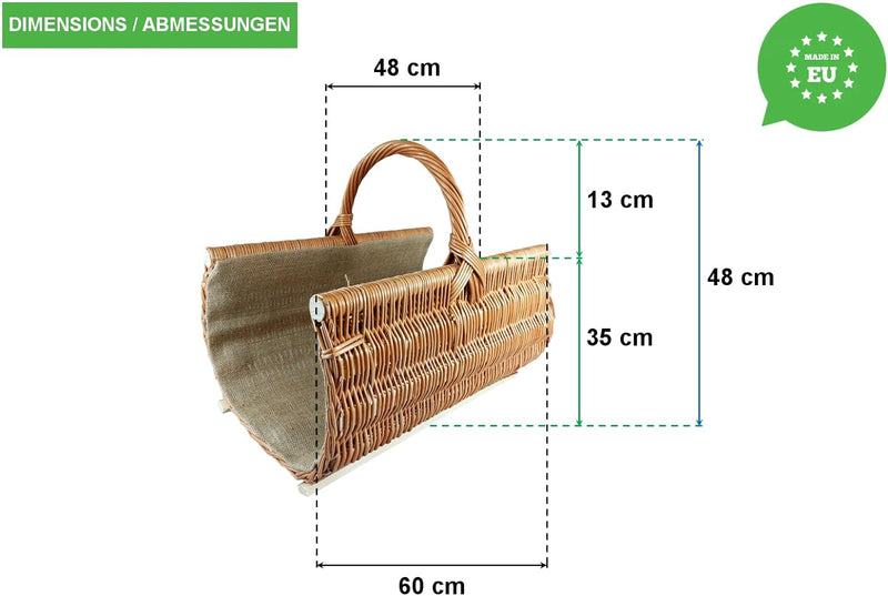 Weidenkorb Holzkorb Kaminkorb aus Naturweide - mit Jute vernäht (L) 60 x (B) 48 x (H) 35/48 cm