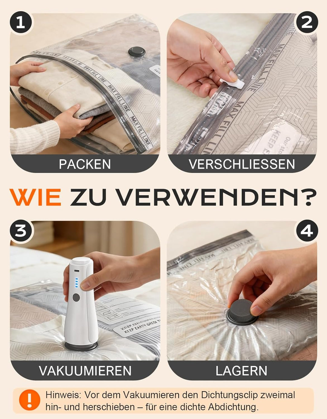 Vakuumbeutel für Kleidung mit Kabellose Elektrischer Pumpe [-5000PA Saugkraft], 15er Pack Wiederverw
