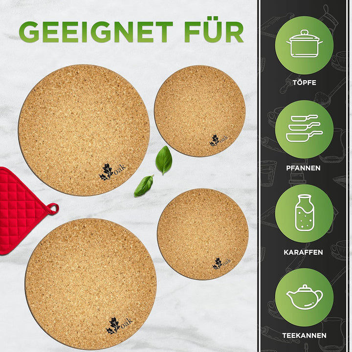 Voak® Topfuntersetzer Korkuntersetzer Set | 4 runde Kork Untersetzer | 100% Natur Kork Made in Portu