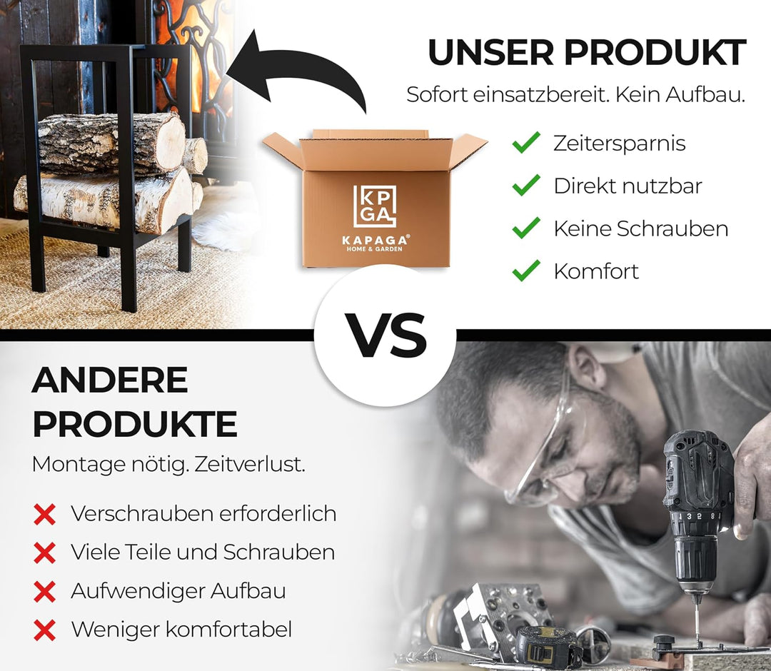 Kapaga Kaminholzregal aus Metall 25x25x70 cm schwarz – vollständig geschweisst ohne Verschraubung un