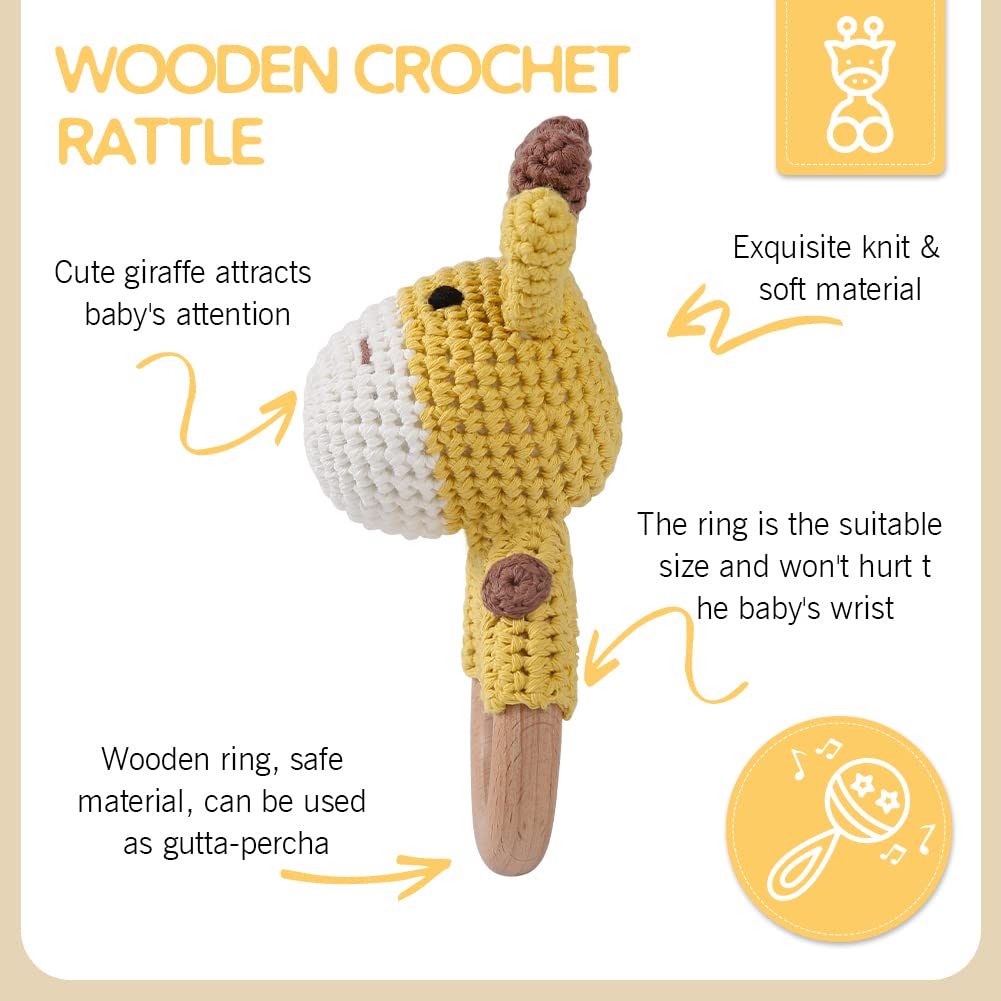 Youuys Babyrassel Gehäkelte Holz Häkeln Tiere Greifling Baby Holz Rassel Baby mit Sound Handmade Ras