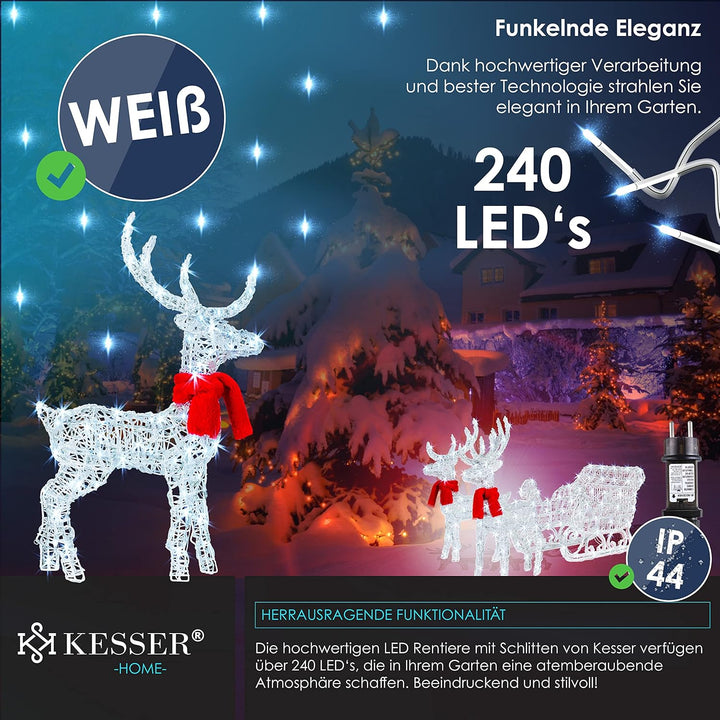 KESSER® 240er LED Rentiere mit Schlitten weiss Timer Inkl. 2X Dekoschal Weihnachtsbeleuchtung für au