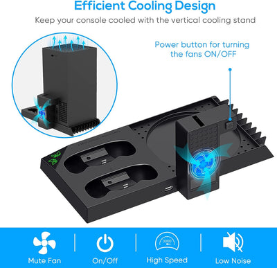 FYOUNG Ständer für Xbox Series X mit Lüfter Kühler und Controller Ladestation, Kühlständer und 1400m