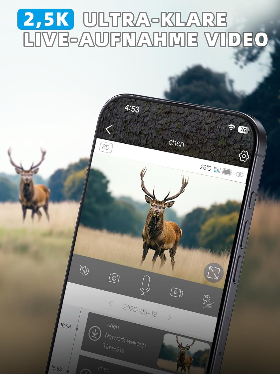 Wildkamera, 4G LTE Wildkamera mit Handyübertragung APP, 2,5K Wildtierkamera Solar mit SIM Karte, Bew