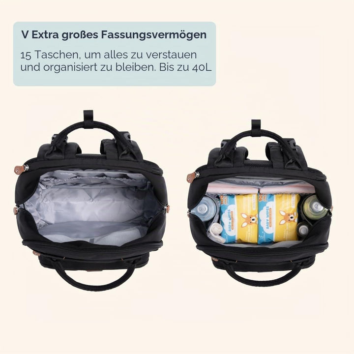 BabbleRoo Wickeltasche Rucksack – Grosse Kapazität, 17 Taschen, Wasserabweisend – mit Wickelauflage,