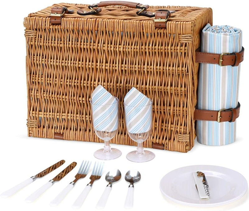Picknickkorb Set für 2 Personen, Weidenkorb mit grossem isoliertem Kühlfach, wasserdichter Decke und