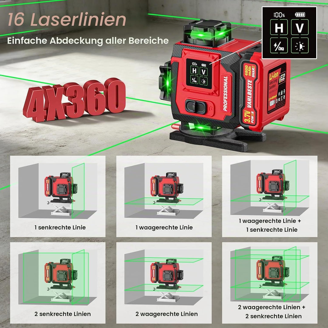 Kreuzlinienlaser, Laser Wasserwaage mit 2 x 4800 mAh Batterien, 4 x 360 Grad Laser Level mit Grosses