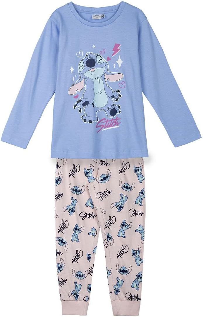 Disney Lilo und Stitch Mädchen-Schlafanzug, Grösse 128-164, hellblaues Oberteil mit Stitch, rosa Hos