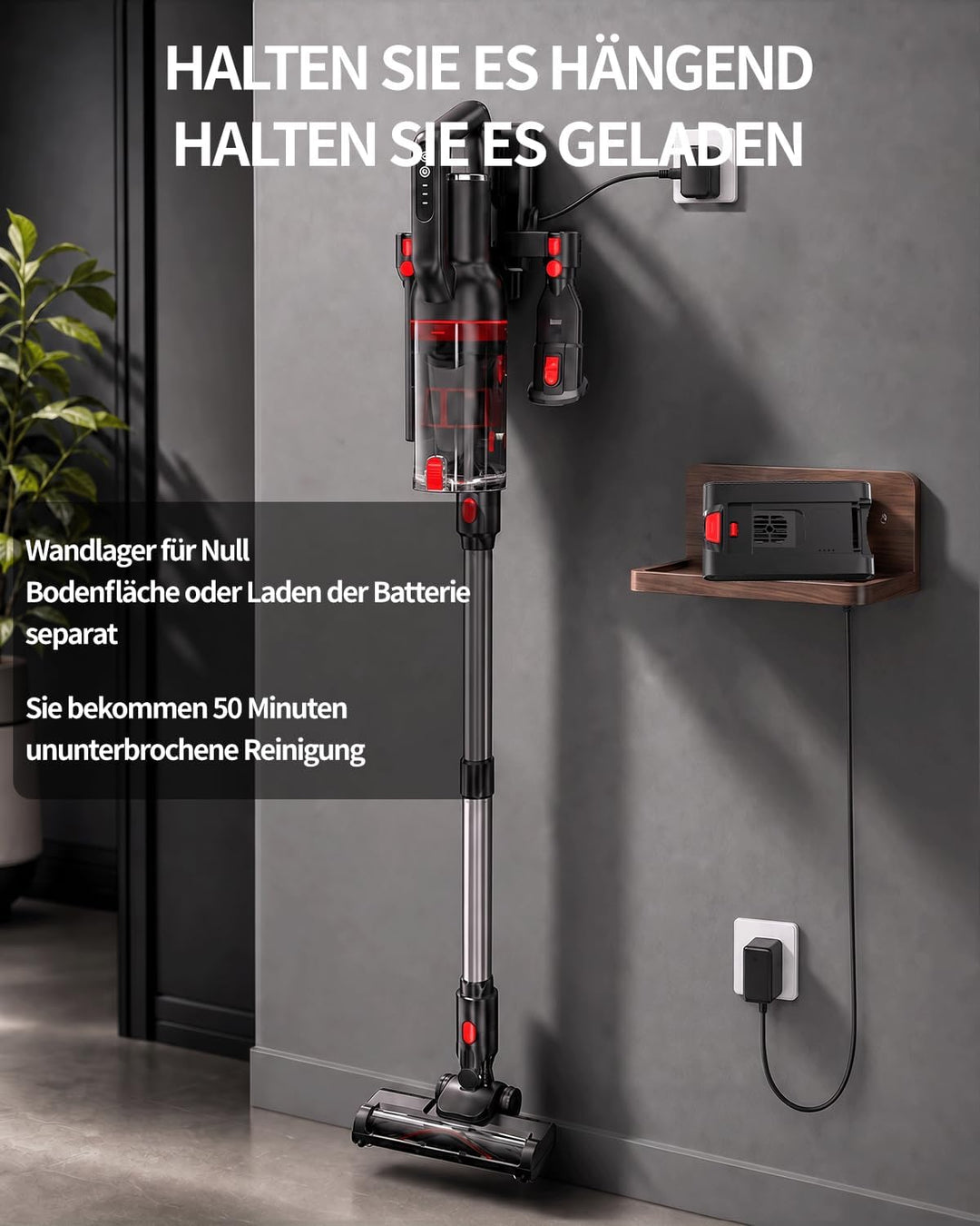 Akku Staubsauger Kabellos – 40KPa/500W/50 Min, 1L kabelloser Staubsauger mit V-förmiger Anti-Tangle-