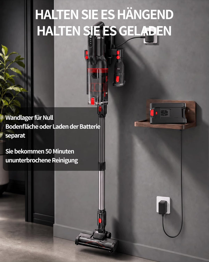 Akku Staubsauger Kabellos – 40KPa/500W/50 Min, 1L kabelloser Staubsauger mit V-förmiger Anti-Tangle-