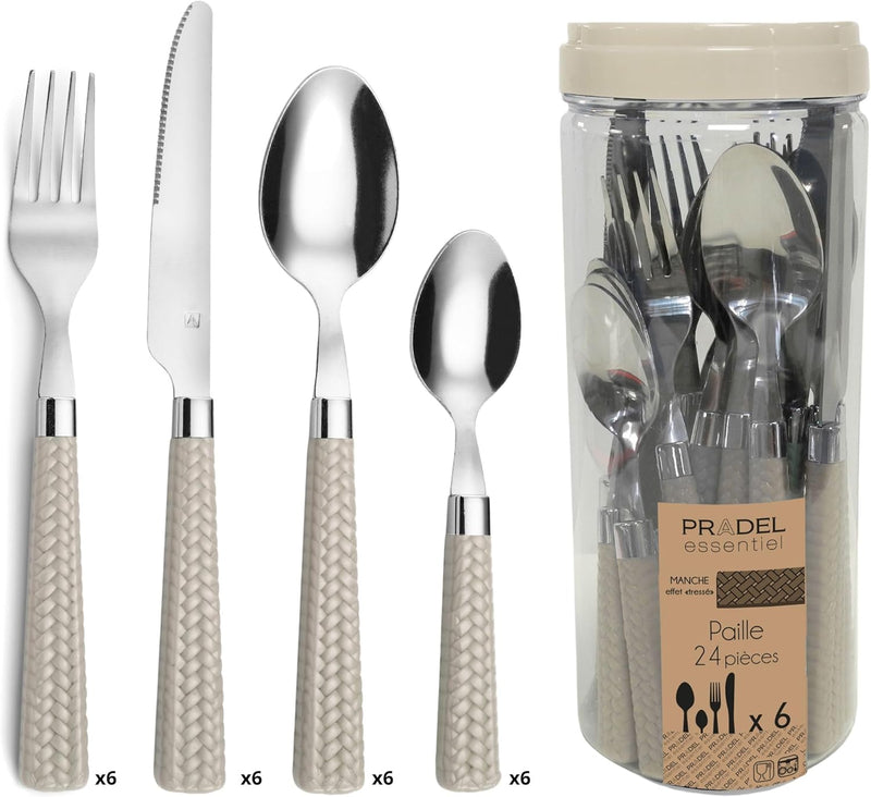 Amefa PAILLE Besteck Set 6 Personen | Essbesteck 24-teilig | helle Griffe im Flechtdesign | Besteck